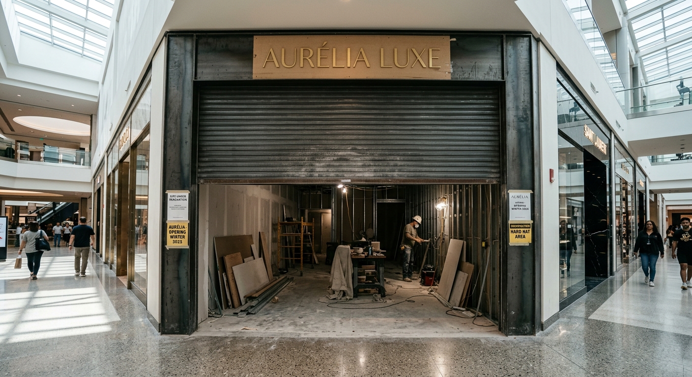 שיפוץ ובניית חנות מותג היוקרה AURÉLIA LUXE בקניון, פועל בניין עובד בתוך החנות מאחורי תריס חצי פתוח